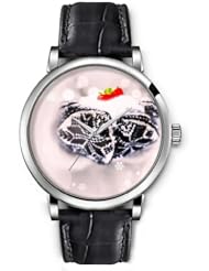 SPRAWL Aanalog Fashion Series Silver Ladies Watches of Genuine Black Leather Strap,Unique Wrist Watch for Women Girls Designed with Strawberries wrapped in a scarf