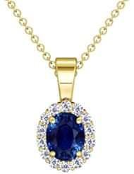 18K Yellow Gold Oval Cut Blue Sapphire And Round Diamond Pendant