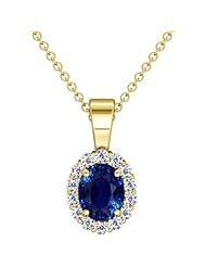 14K Yellow Gold Oval Cut Blue Sapphire And Round Diamond Pendant