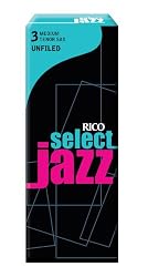 Rico Select Jazz Tenor Sax Reeds, Unfiled, Strength 3 Strength Medium, 5-pack