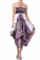 Paisley Design Satin Feel Beaded Halter Smocked Bodice Handkerchief Hem Dress