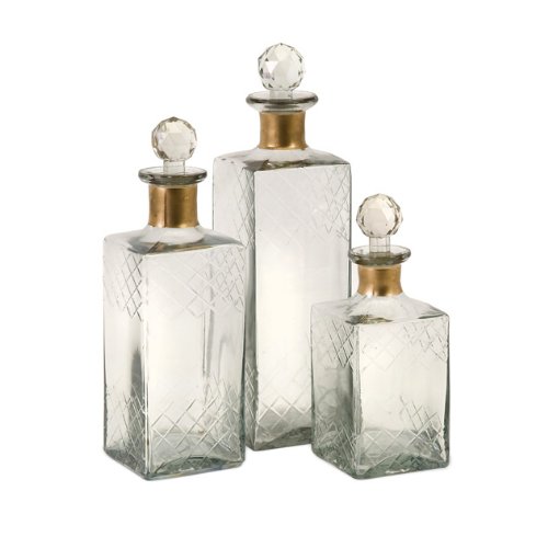 Set Of 3 Traditional Clear Etched Glass Decanter Bottles 12