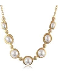 Kenneth Jay Lane Satin Gold, Crystal and White Pearl Necklace, 19"