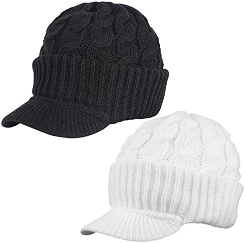 Urbanhatshop Newsboy Cable Knitted Visor Beanie Bill Winter Warm Hat All Colors (Black & White)