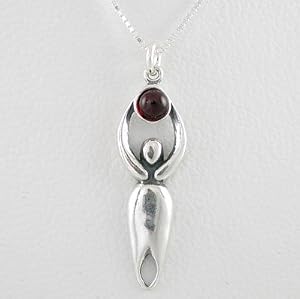 Celestial Lunar Goddess Pendant in Sterling Silver with a Garnet Gemstone Moon on a 16" Sterling Box Chain, #8718
