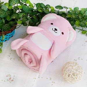 [Happy Bear - Pink] Embroidered Applique Coral Fleece Baby Throw Blanket (42.5 by 59.1 inches)