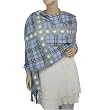 100% Wool Plaid Handmade Flower Stitch Tassel Ends Large Scarf Shawl - Blue