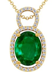 14K Yellow Gold Oval Cut Emerald And Round Diamond Pendant (GIA Certificate)