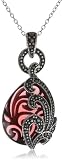 Sterling Silver Oxidized Marcasite and Garnet Colored Glass Textured Teardrop Pendant Necklace, 18