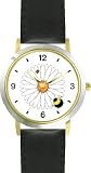 Bee & Ladybug or Lady Bug on Daisy Flower – Bee or Bumblebee – JP – WATCHBUDDY® DELUXE TWO-TONE THEME WATCH – Arabic Numbers – Black Leather Strap-Size-Large