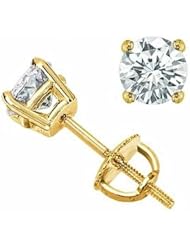 Diamond Stud Earrings Round Brilliant Shape Yellow Gold 14K 4 Prong Screw Back ( J Color SI2 Clarity 2 Carat t.w. Weight )