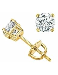 Diamond Stud Earrings Round Brilliant Shape Yellow Gold 18K 4 Prong Screw Back ( J Color SI2 Clarity 2 Carat t.w. Weight )