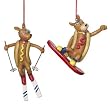 Hot Dog Skier and Snowboarder Christmas Ornaments Set of 2