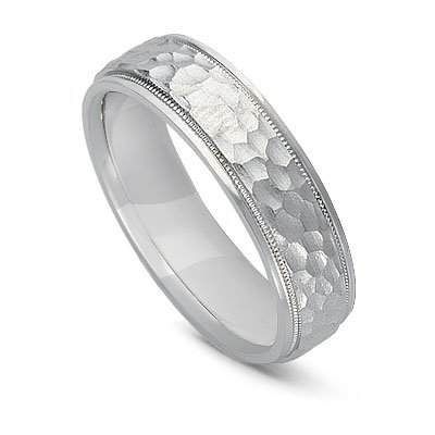 18k White Gold Hammered Men's Wedding Band, 5mm