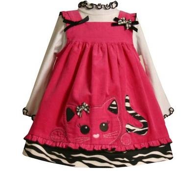 Bonnie Jean Girls Fuchsia Kitty Corduroy Jumper Dress 2pc Set 3M-4T