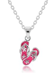 925 Sterling Silver Rhodium Plated Little Flip-Flop Slipper Shoes Flower Print Pink Enamel Charm Pendant Necklace 13-15 (with 2 extension chain) Fashion Jewelry for Girls, Teen Girls- Nickel Free