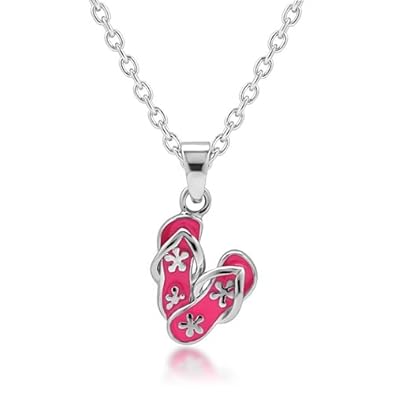 Cheap Girls Jewelry 925 Sterling Silver Rhodium Plated Little Flip-Flop Slipper Shoes Flower Print Pink Enamel Charm Pendant Necklace 13-15 (with 2 extension chain) Fashion Jewelry for Girls, Teen Girls- Nickel Free For Sale