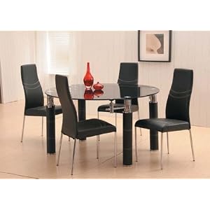 5pc Dining Table and Parson Chairs Black Vinyl and Silver Finish by