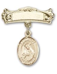 14K Gold Baby Badge with St. Rose of Lima Charm and Arched Polished Badge Pin