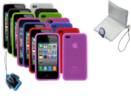 GTMax 7 PCs Soft Rubber Silicone Skin Protector Cover Case (Black + Red + Dark Blue + Purple + Hot Pink + Dark Green + Clear) + Bluemall LCD Cleaner & SD memory Card Holder for AT&T Verizon Sprint Apple Iphone 4th 4G 4S