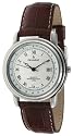 Peugeot mens round silver-tone watch. Silver dial with calendar function. Brown genuine leather strap