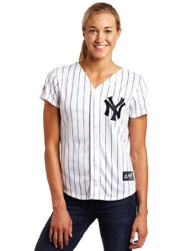 MLB Women's New York Yankees Mark Teixeira White/Navy Pinstrps Home Short Sleeve 5 Button Synthetic Replica Baseball Jersey Spring 2012  (White/Navy Pinstrps, Medium)