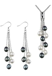 Multi-strands Silver Bar Slider Black/White Cultured Pearl Lariat and Dangle Earrings Set