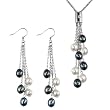 Multi-strands Silver Bar Crystal Black/White Cultured Pearl Lariat with Black/White Dangle Earrings Set