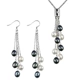 Multi-strands Silver Bar Crystal Black/White Cultured Pearl Lariat with Black/White Dangle Earrings Set