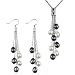Multi-strands Silver Bar Crystal Black/White Cultured Pearl Lariat with Black/White Dangle Earrings Set