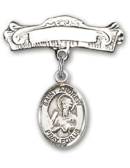 Sterling Silver Baby Badge with St. Andrew the Apostle Charm and Arched Polished Badge Pin