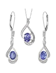 14K White Gold Natural Tanzanite Lever Back Earrings & Pendant Set Diamond Accent