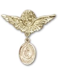14K Gold Baby Badge with Our Lady of Mount Carmel Charm and Angel with Wings Badge Pin