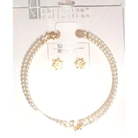 Click here to buy Two Strand Fresh Water Ivory Pearl Choker Necklace Crystals Loaded on Gold Locket Matching Earrings... by Gita.