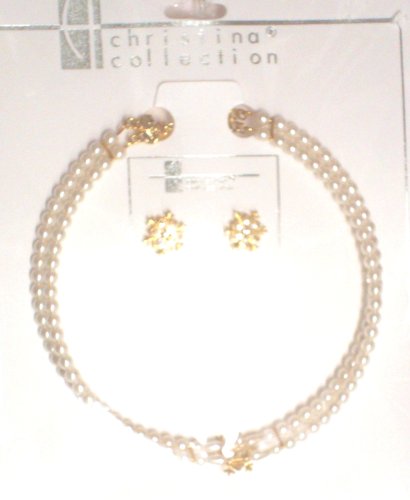 Click here to buy Two Strand Fresh Water Ivory Pearl Choker Necklace Crystals Loaded on Gold Locket Matching Earrings....