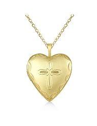 Cross Engraved Heart Shaped Photo Locket Pendant Necklace For Women 14K Yellow Gold Vermele