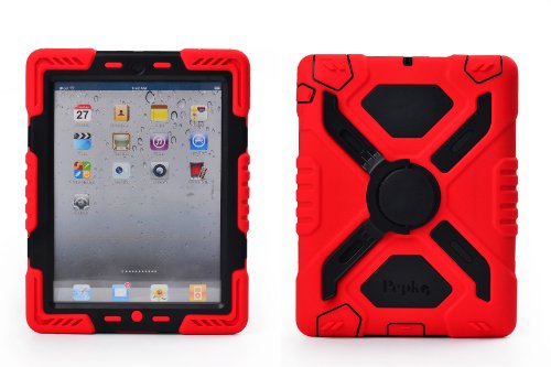 Pepkoo Ipad 2/3/4 Case Plastic Kid Proof Extreme Duty Dual Protective Back Cover with Kickstand and Sticker for Ipad 4/3/2 - Rainproof Sandproof Dust-proof Shockproof (Red/black)