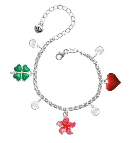 Hot Pink and Orange Plumeria Flower Love & Luck Charm Bracelet with Clear Swa...