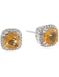 10k White Gold, November Birthstone, Citrine and Diamond Cushion Earrings