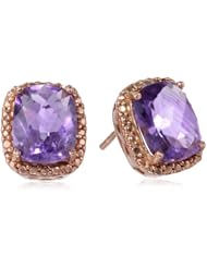 Rose Goldtone Finish Silver Amethyst and Diamond Accent Rectangle Post Earrings