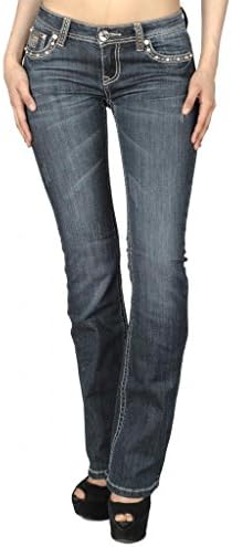 LA Idol Women's Rose Design Classic Boot Cut Jeans 15 Dark Wash