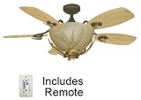 MesaVista 45" Rustic Ceiling Fan with Antler Fan Light. Up to 180 watts of light,Glass is soft amber. Oil Rubbed Bronze body, Lodge fan blade 1 side is Pine, 1 side is Oak. Fan can be set up as 3, 4 or 5 blade, all parts included. Remote Control Operates 3 speeds, Reverse, Light and dimming.