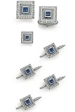Solid 14K White Gold and Diamond Sapphire Square Cufflinks, Tie Tac and Stud Set
