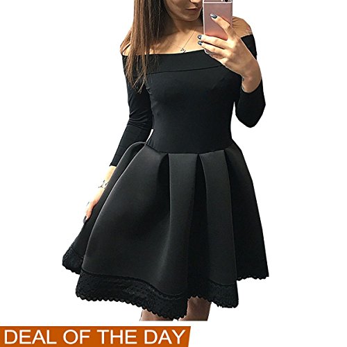 FANCYINN Women Off-shoulder Long Sleeve Lace Evening Cocktail Party Pleated Dress