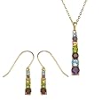 Yellow Gold Plated Sterling Silver Multi-Gemstone Linear Earrings and Pendant Set, 18"