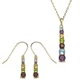 Yellow Gold Plated Sterling Silver Multi-Gemstone Linear Earrings and Pendant Set, 18