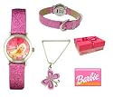 Girls Barbie Watch with Sparkly Pink Durable Strap and Pink Dial - Comes with Barbie Necklace - Gift Set