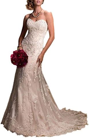 Wallbridal Elegant Lace Luxury Beaded Mermaid Lace Wedding Dress Bridal Photo Gown (12, White)