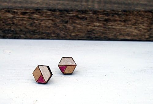 Hexagon Stud Earrings - Hexagon Wooden Earrings- Handpainted Stud Earrings - Geometric Earrings - Bamboo Stud Earrings - White and Magenta