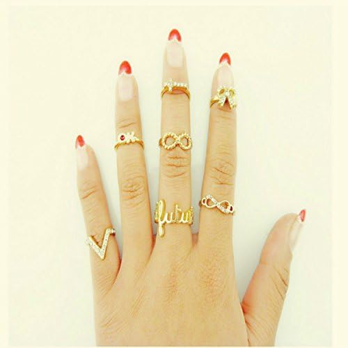 YARUIE 1 Set of 7 PCS Finger Tip Stacking Rings Tail Ring Eyeglasses Bowknot Crown